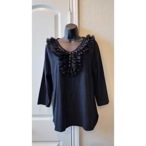 Toffee & Apple Long Sleeve Black Top Ruffle & Beaded Neckline size L